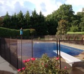 A pool with a fence around it and flowers in the foreground.